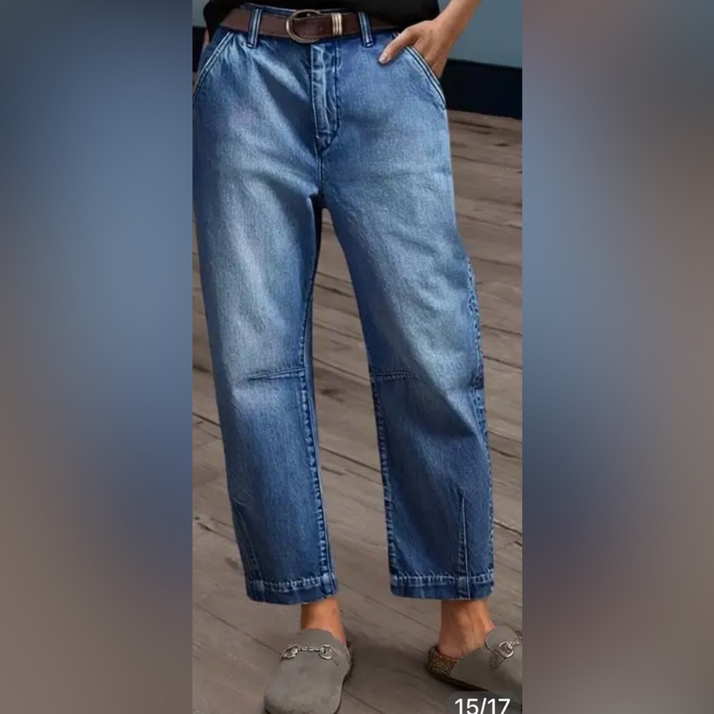 Flamingals Wash Stitch Detail Mid Rise Barrel Leg Crop Jeans Size XS NWT